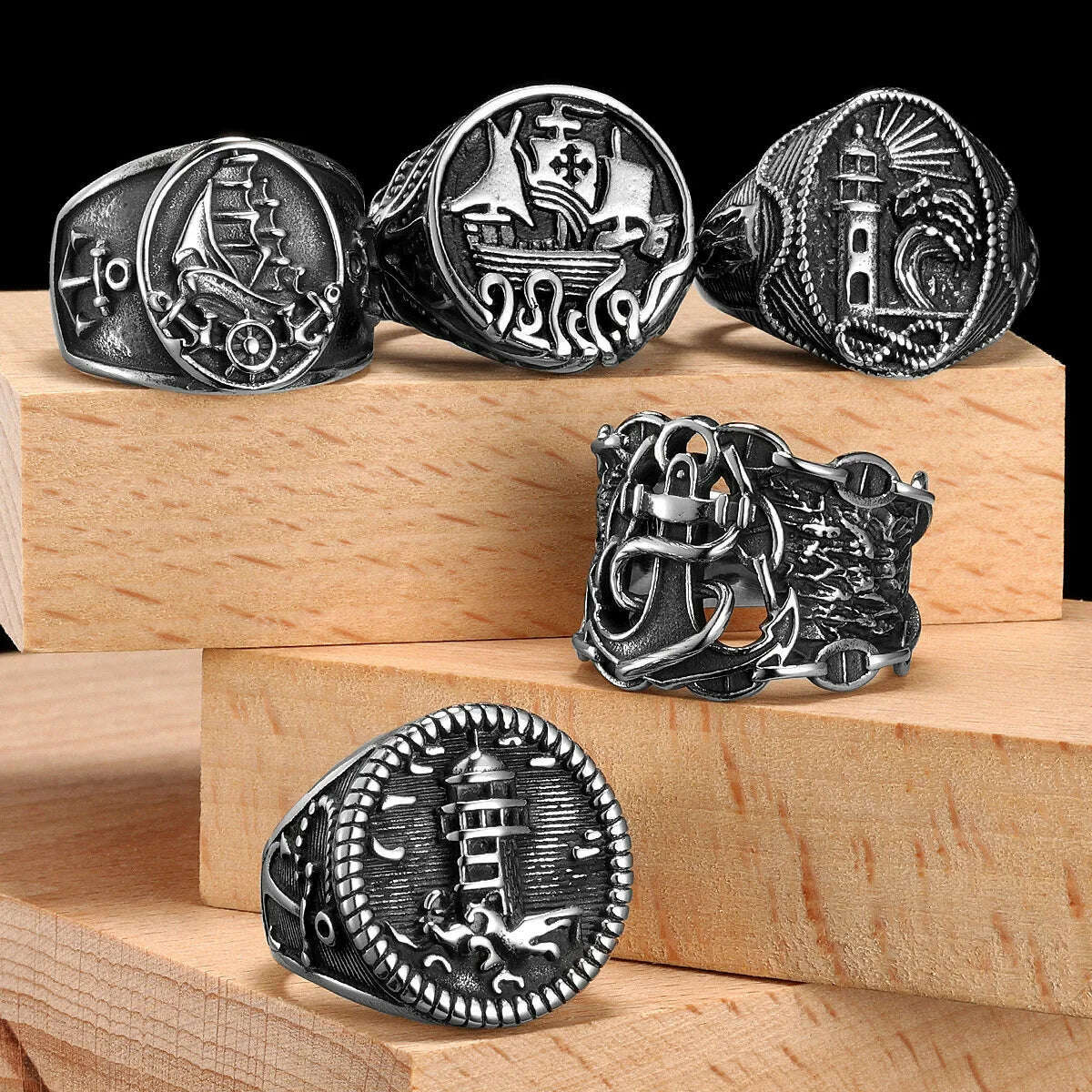 Anchor Lighthouse Ocean Sailor Ship Men Rings Stainless Steel Women Jewelry Vintage Punk Rock Fashion Accessories Gift Wholesale - KIMLUD