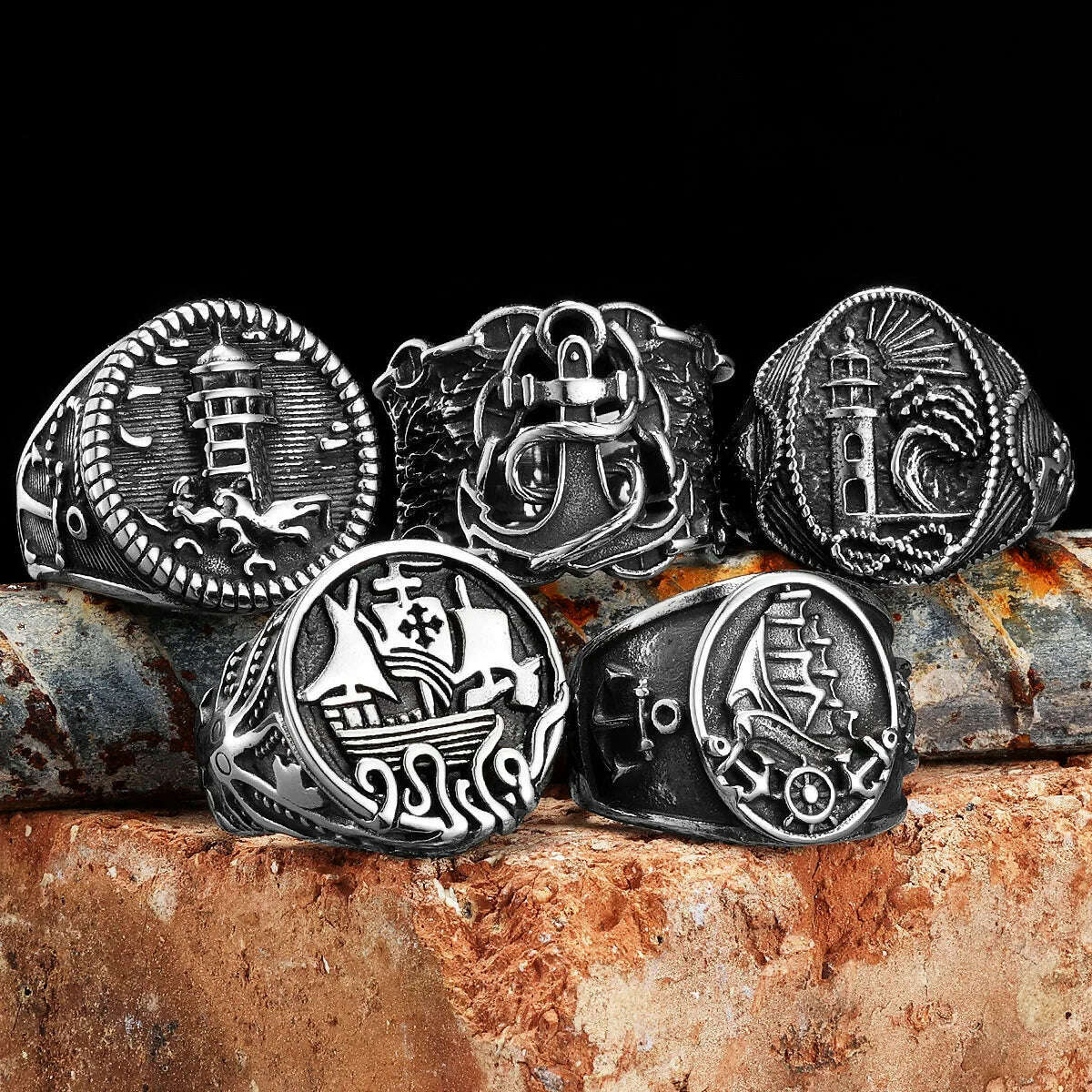 Anchor Lighthouse Ocean Sailor Ship Men Rings Stainless Steel Women Jewelry Vintage Punk Rock Fashion Accessories Gift Wholesale - KIMLUD