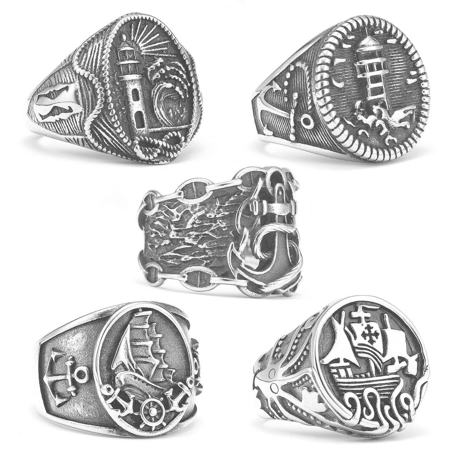 Anchor Lighthouse Ocean Sailor Ship Men Rings Stainless Steel Women Jewelry Vintage Punk Rock Fashion Accessories Gift Wholesale - KIMLUD