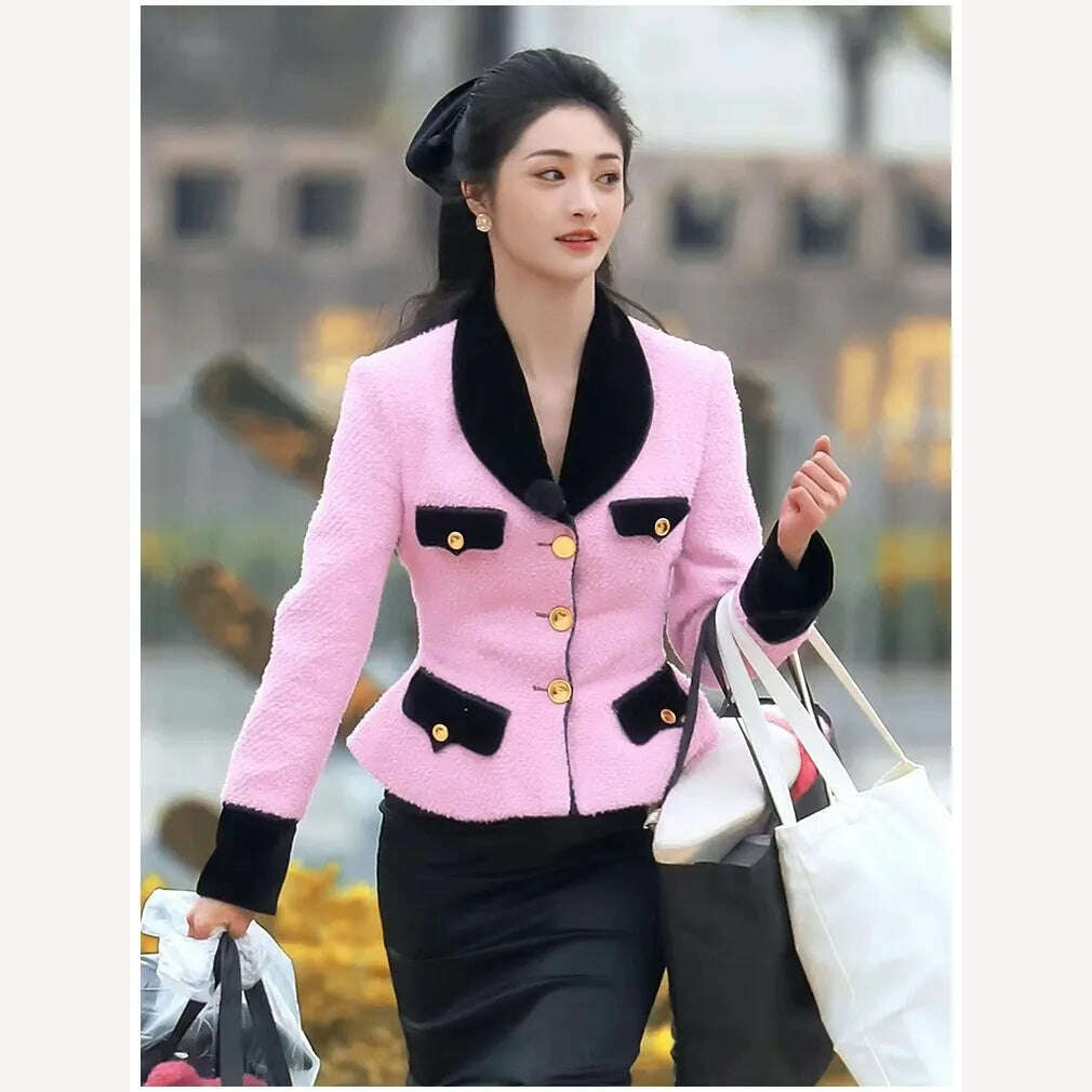 Aoi Vintage High-end Woolen Suit Women Autumn New Velvet Stitching Tweed Coat Slim Top+Short Skirt French Socialite 2-piece Set - KIMLUD