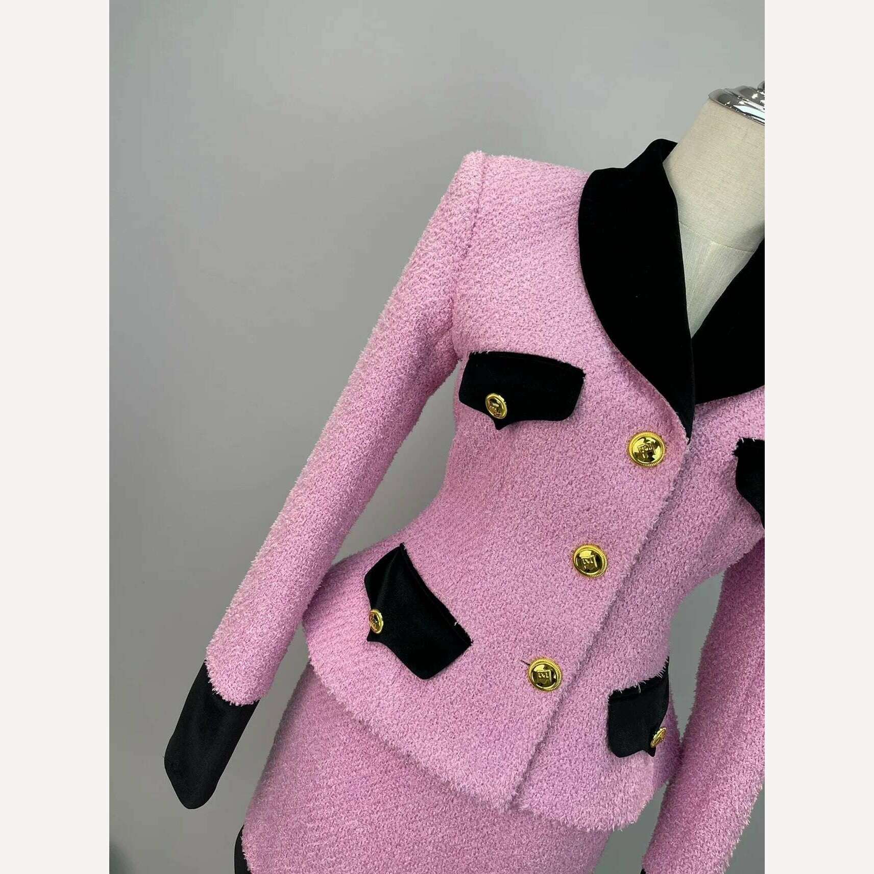 Aoi Vintage High-end Woolen Suit Women Autumn New Velvet Stitching Tweed Coat Slim Top+Short Skirt French Socialite 2-piece Set - KIMLUD