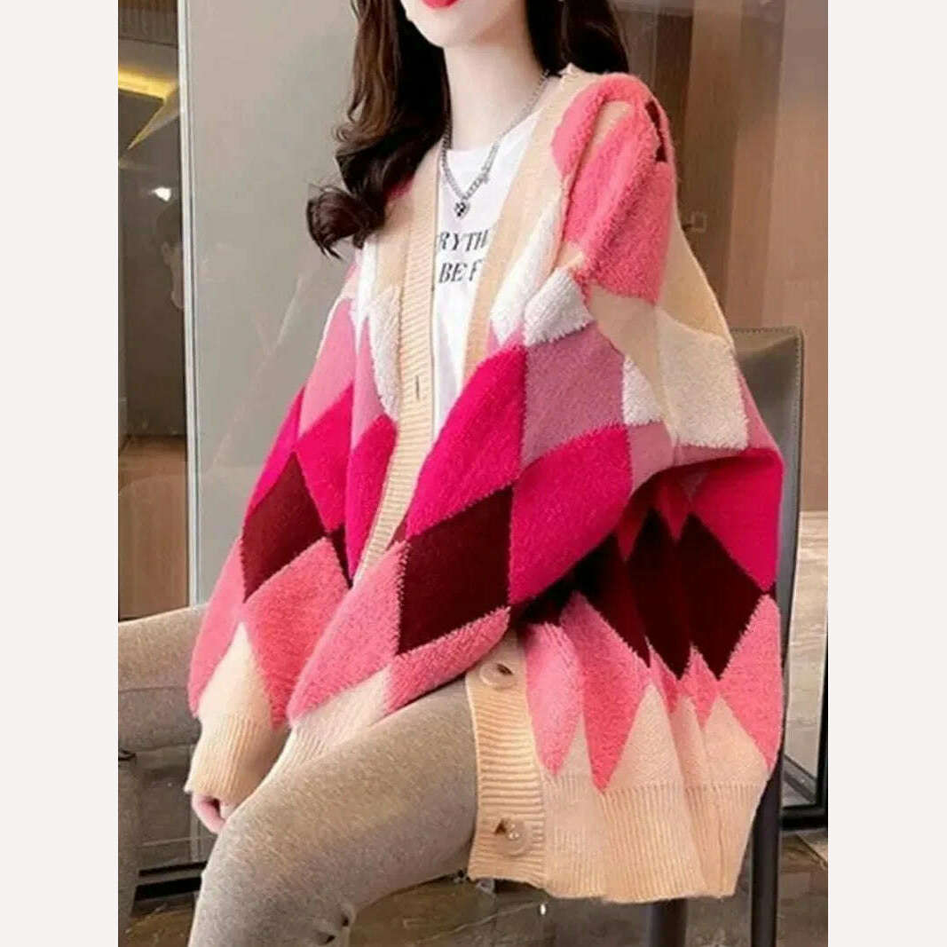 Argyle Cardigan Women Knitted Sweater Loose Single Breasted Students V-neck Lovely Knitwear Korean Oversize Cardigan Winter Tops - KIMLUD