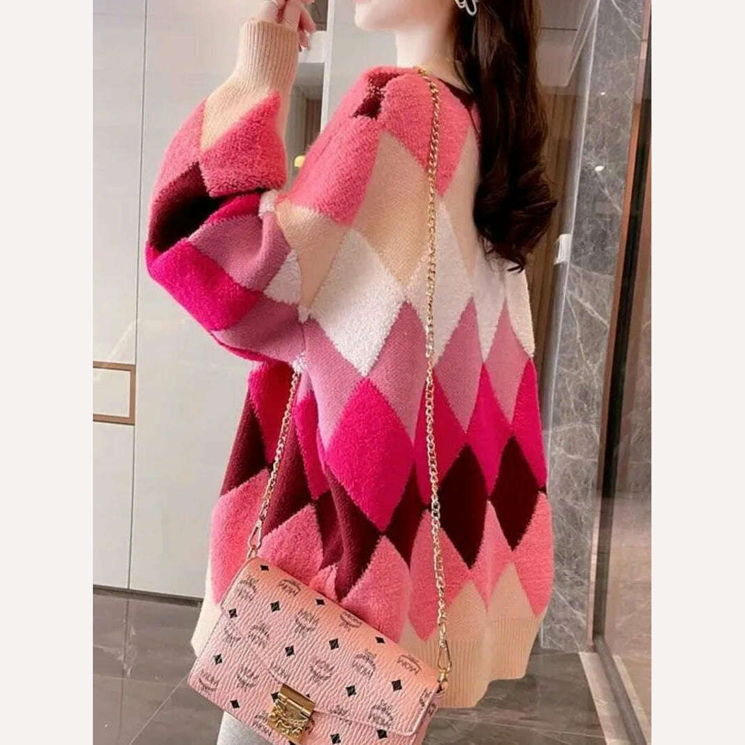 Argyle Cardigan Women Knitted Sweater Loose Single Breasted Students V-neck Lovely Knitwear Korean Oversize Cardigan Winter Tops - KIMLUD