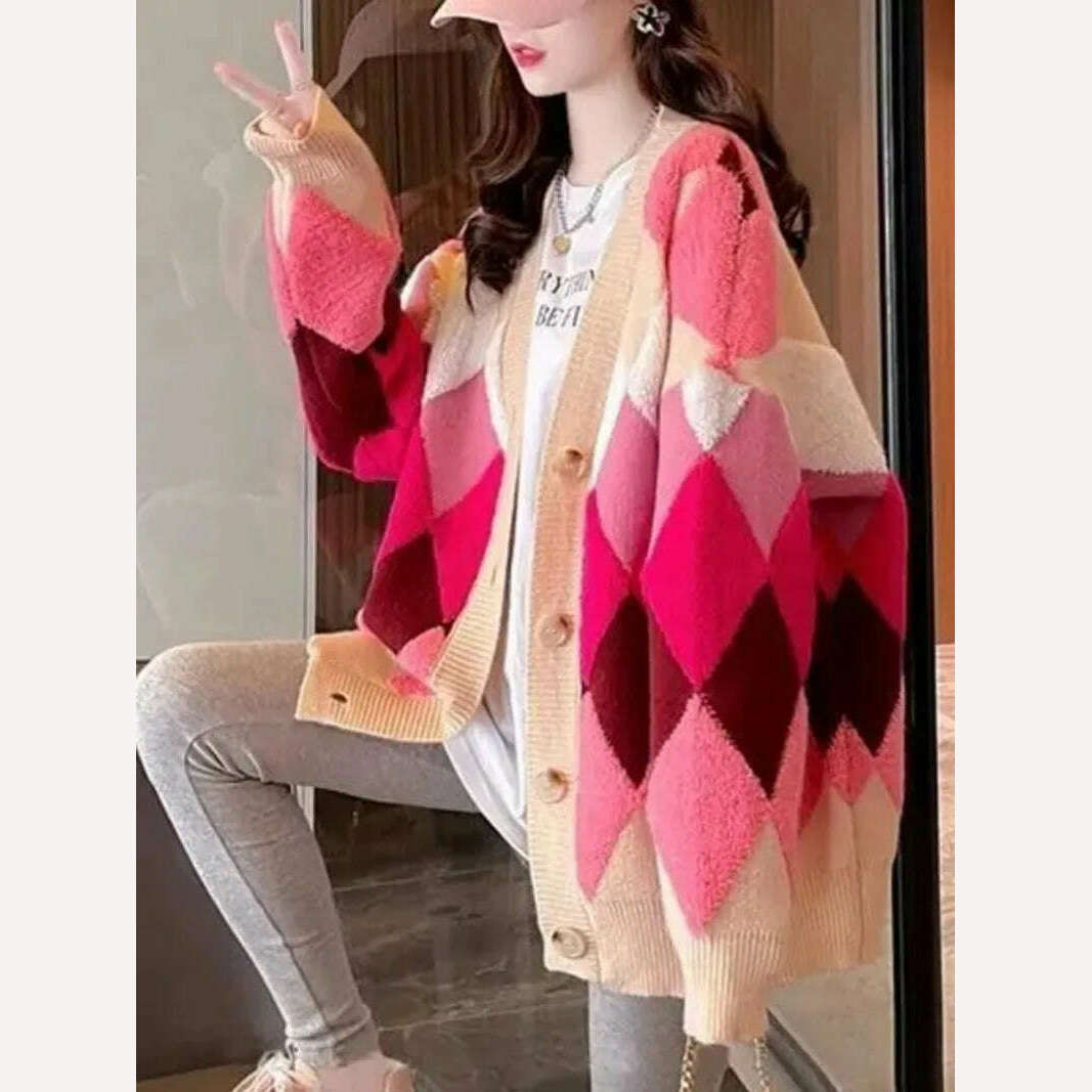 Argyle Cardigan Women Knitted Sweater Loose Single Breasted Students V-neck Lovely Knitwear Korean Oversize Cardigan Winter Tops - KIMLUD