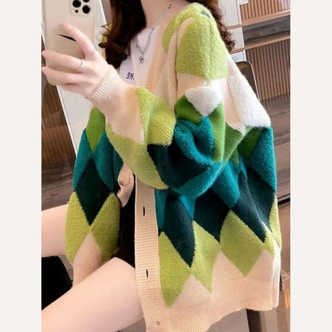 Argyle Cardigan Women Knitted Sweater Loose Single Breasted Students V-neck Lovely Knitwear Korean Oversize Cardigan Winter Tops - KIMLUD