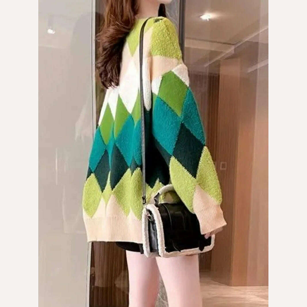Argyle Cardigan Women Knitted Sweater Loose Single Breasted Students V-neck Lovely Knitwear Korean Oversize Cardigan Winter Tops - KIMLUD