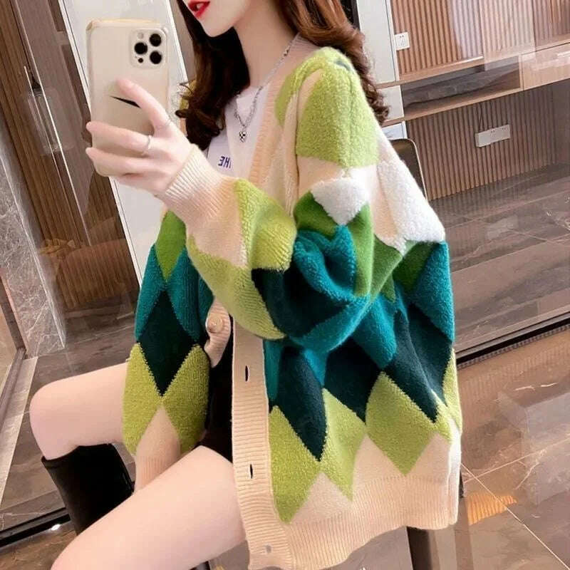 Argyle Cardigan Women Knitted Sweater Loose Single Breasted Students V-neck Lovely Knitwear Korean Oversize Cardigan Winter Tops - KIMLUD