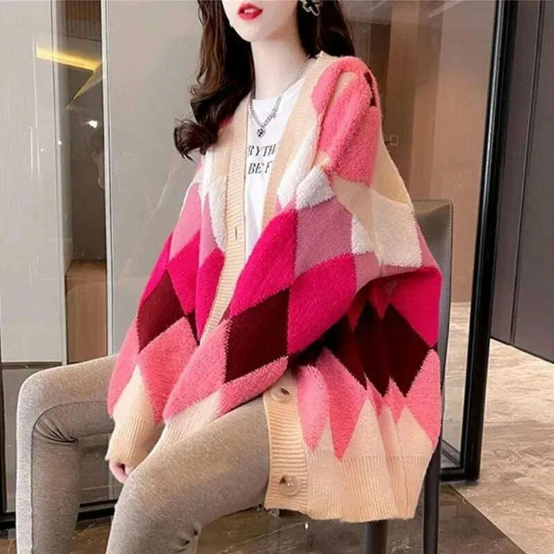 Argyle Cardigan Women Knitted Sweater Loose Single Breasted Students V-neck Lovely Knitwear Korean Oversize Cardigan Winter Tops - KIMLUD