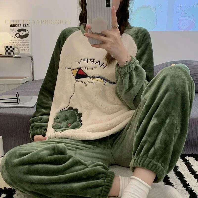 Autumn Winter Kawaii Cartoon Pajama Sets Women Pyjamas Plaid Flannel Loung Sleepwear Girl Pijama Mujer Night Suits Homewear PJ - KIMLUD