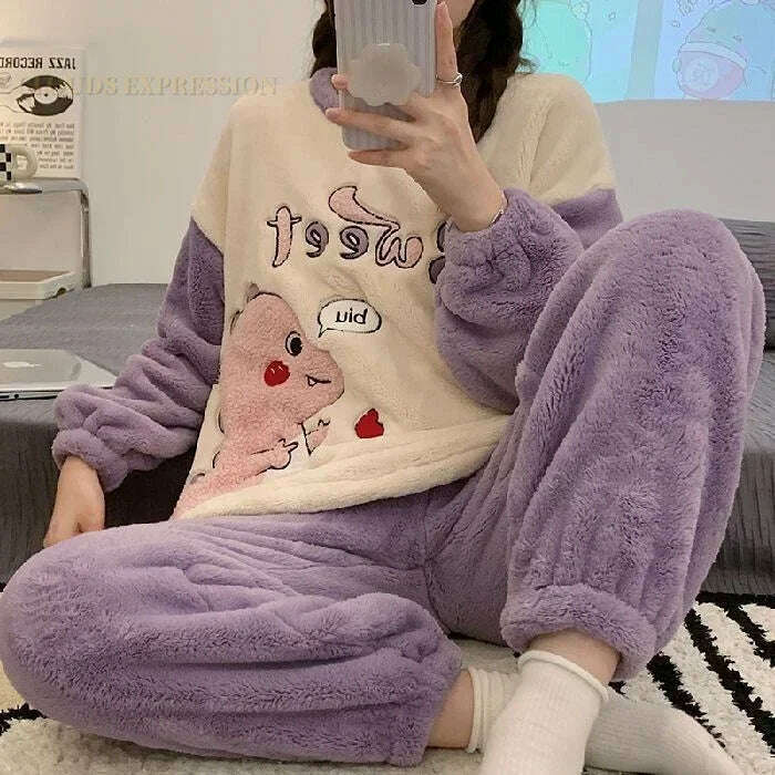 Autumn Winter Kawaii Cartoon Pajama Sets Women Pyjamas Plaid Flannel Loung Sleepwear Girl Pijama Mujer Night Suits Homewear PJ - KIMLUD