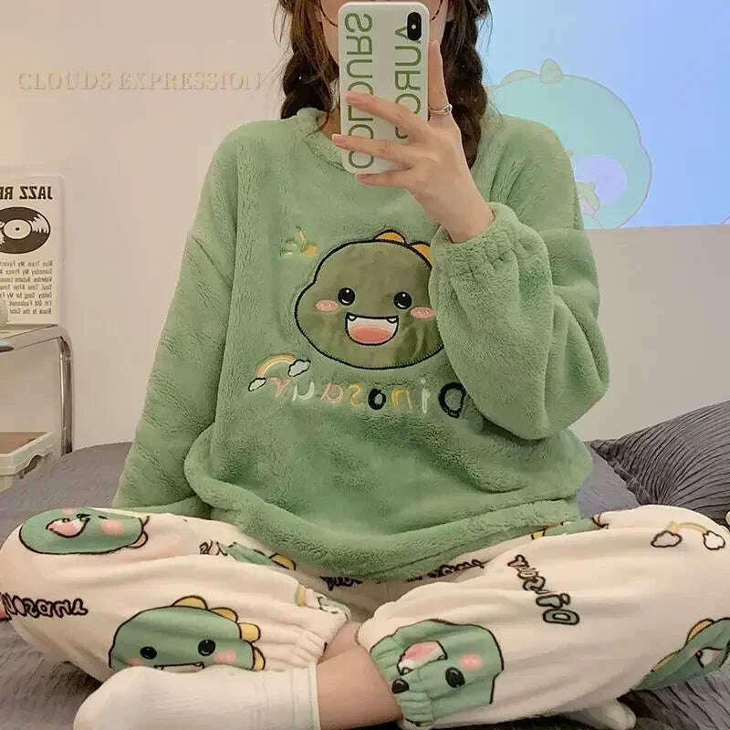 Autumn Winter Kawaii Cartoon Pajama Sets Women Pyjamas Plaid Flannel Loung Sleepwear Girl Pijama Mujer Night Suits Homewear PJ - KIMLUD