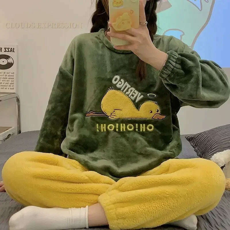 Autumn Winter Kawaii Cartoon Pajama Sets Women Pyjamas Plaid Flannel Loung Sleepwear Girl Pijama Mujer Night Suits Homewear PJ - KIMLUD
