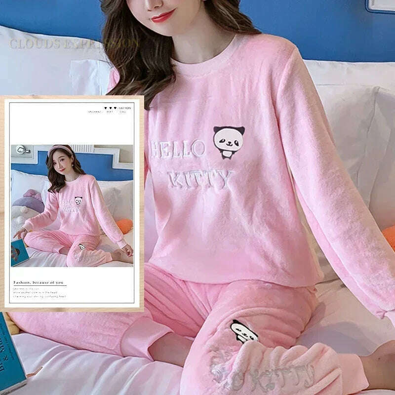 Autumn Winter Kawaii Cartoon Pajama Sets Women Pyjamas Plaid Flannel Loung Sleepwear Girl Pijama Mujer Night Suits Homewear PJ - KIMLUD