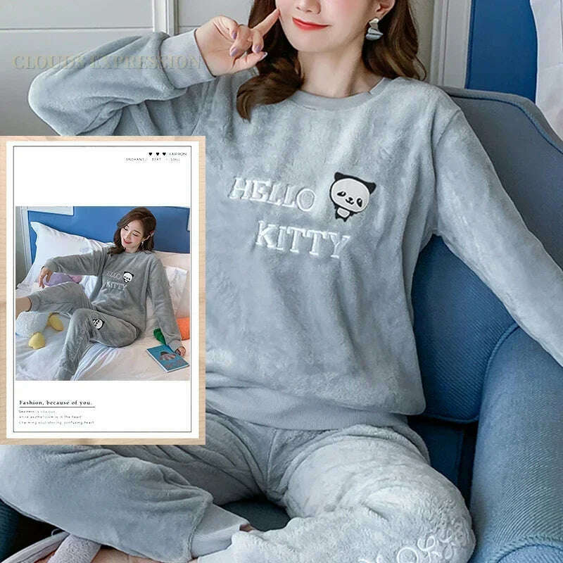 Autumn Winter Kawaii Cartoon Pajama Sets Women Pyjamas Plaid Flannel Loung Sleepwear Girl Pijama Mujer Night Suits Homewear PJ - KIMLUD