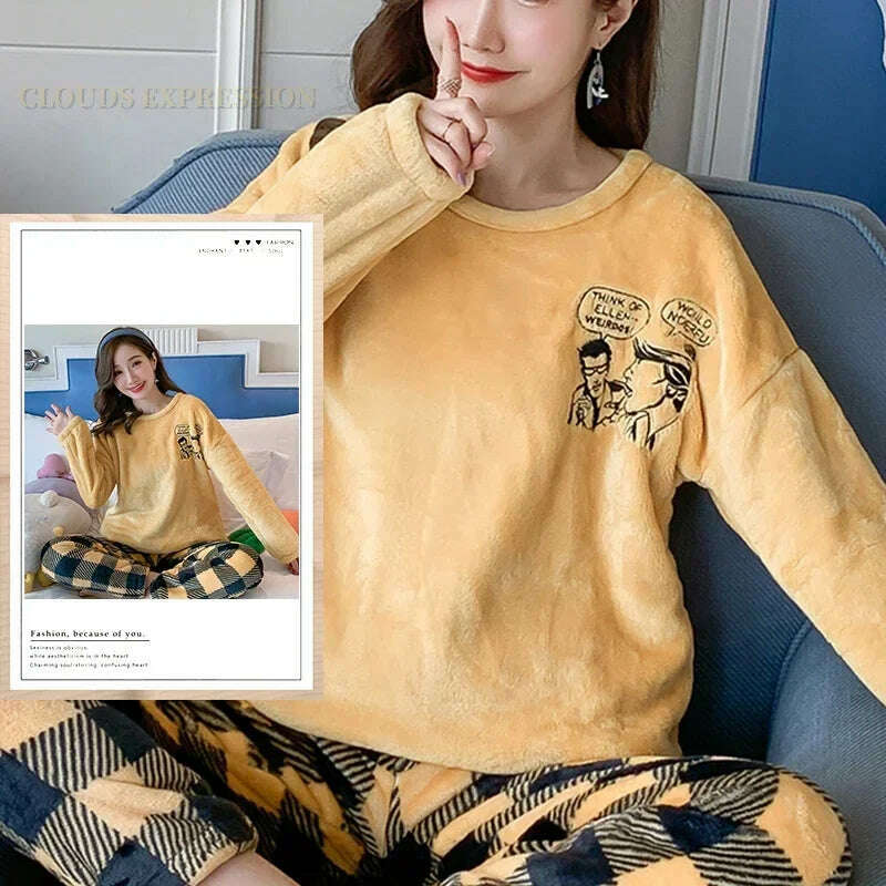 Autumn Winter Kawaii Cartoon Pajama Sets Women Pyjamas Plaid Flannel Loung Sleepwear Girl Pijama Mujer Night Suits Homewear PJ - KIMLUD