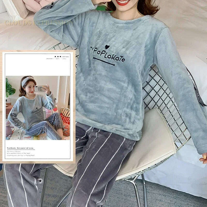 Autumn Winter Kawaii Cartoon Pajama Sets Women Pyjamas Plaid Flannel Loung Sleepwear Girl Pijama Mujer Night Suits Homewear PJ - KIMLUD