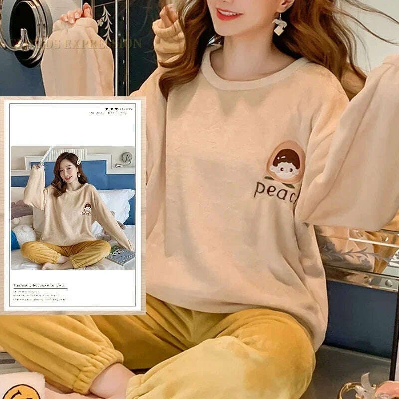 Autumn Winter Kawaii Cartoon Pajama Sets Women Pyjamas Plaid Flannel Loung Sleepwear Girl Pijama Mujer Night Suits Homewear PJ - KIMLUD