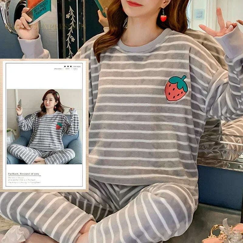 Autumn Winter Kawaii Cartoon Pajama Sets Women Pyjamas Plaid Flannel Loung Sleepwear Girl Pijama Mujer Night Suits Homewear PJ - KIMLUD