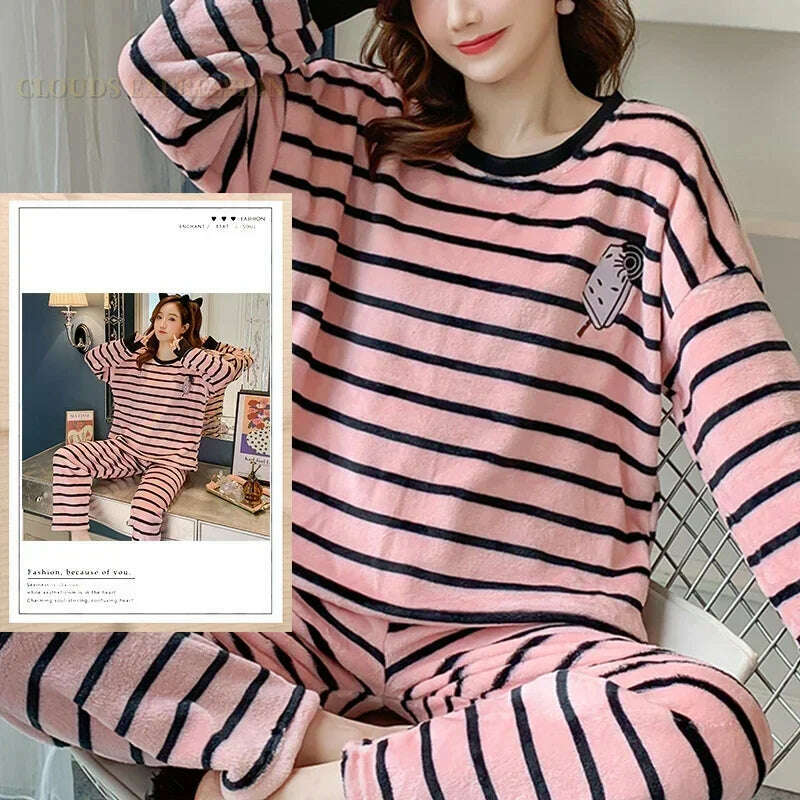 Autumn Winter Kawaii Cartoon Pajama Sets Women Pyjamas Plaid Flannel Loung Sleepwear Girl Pijama Mujer Night Suits Homewear PJ - KIMLUD