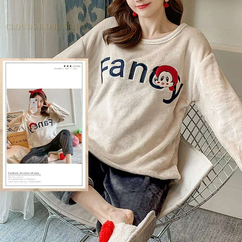 Autumn Winter Kawaii Cartoon Pajama Sets Women Pyjamas Plaid Flannel Loung Sleepwear Girl Pijama Mujer Night Suits Homewear PJ - KIMLUD