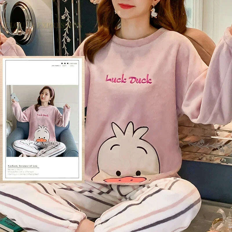 Autumn Winter Kawaii Cartoon Pajama Sets Women Pyjamas Plaid Flannel Loung Sleepwear Girl Pijama Mujer Night Suits Homewear PJ - KIMLUD