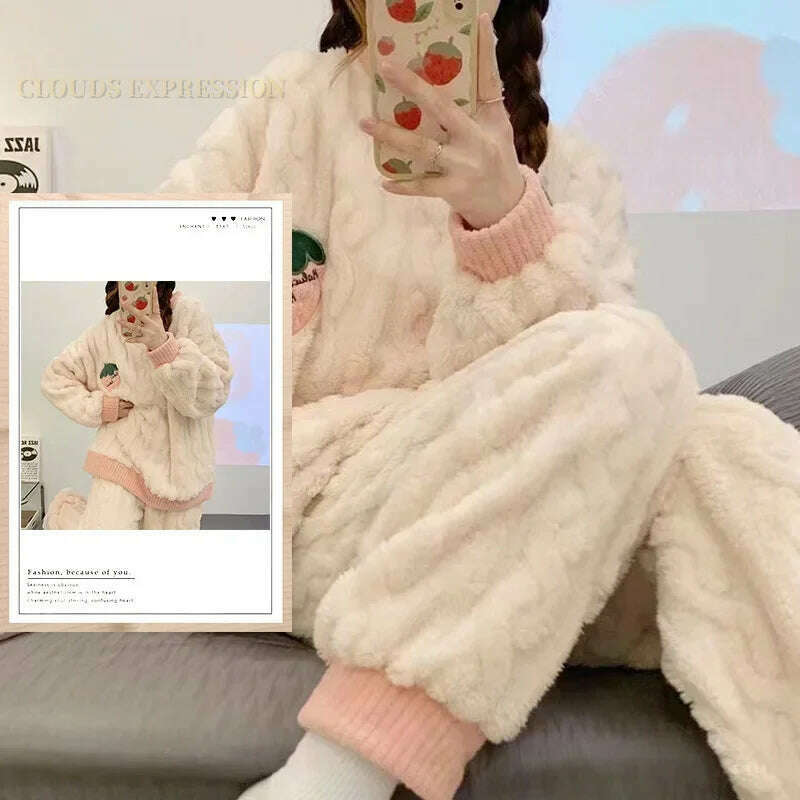 Autumn Winter Kawaii Cartoon Pajama Sets Women Pyjamas Plaid Flannel Loung Sleepwear Girl Pijama Mujer Night Suits Homewear PJ - KIMLUD