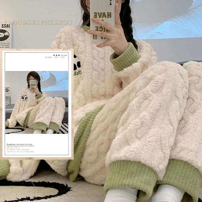 Autumn Winter Kawaii Cartoon Pajama Sets Women Pyjamas Plaid Flannel Loung Sleepwear Girl Pijama Mujer Night Suits Homewear PJ - KIMLUD