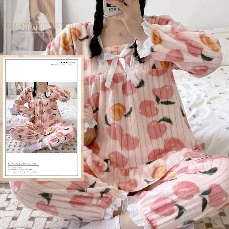 Autumn Winter Kawaii Cartoon Pajama Sets Women Pyjamas Plaid Flannel Loung Sleepwear Girl Pijama Mujer Night Suits Homewear PJ - KIMLUD