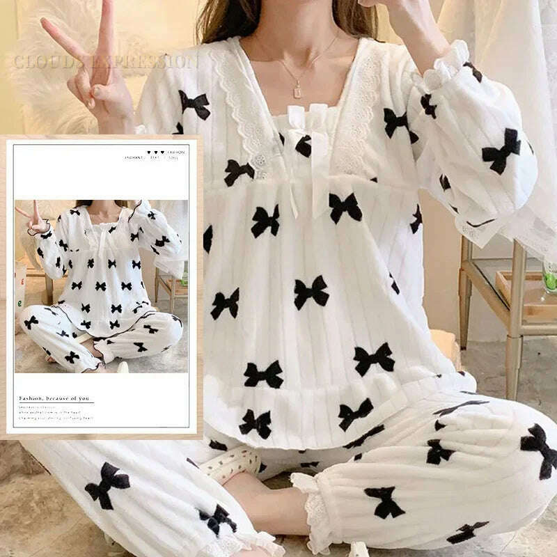 Autumn Winter Kawaii Cartoon Pajama Sets Women Pyjamas Plaid Flannel Loung Sleepwear Girl Pijama Mujer Night Suits Homewear PJ - KIMLUD