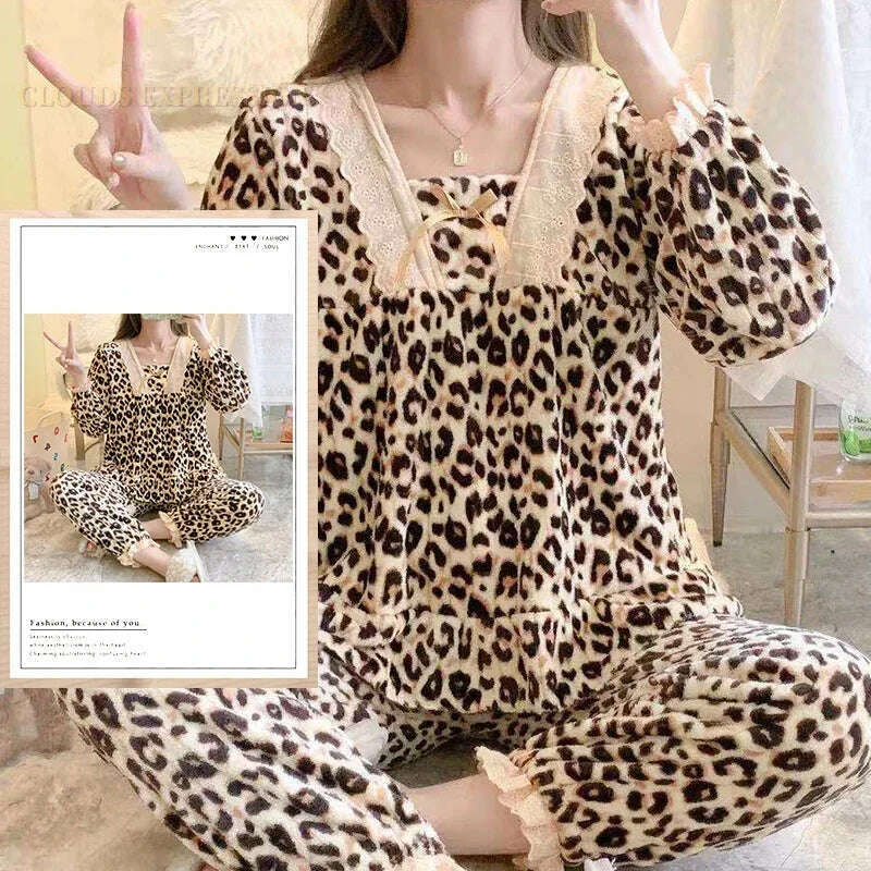 Autumn Winter Kawaii Cartoon Pajama Sets Women Pyjamas Plaid Flannel Loung Sleepwear Girl Pijama Mujer Night Suits Homewear PJ - KIMLUD