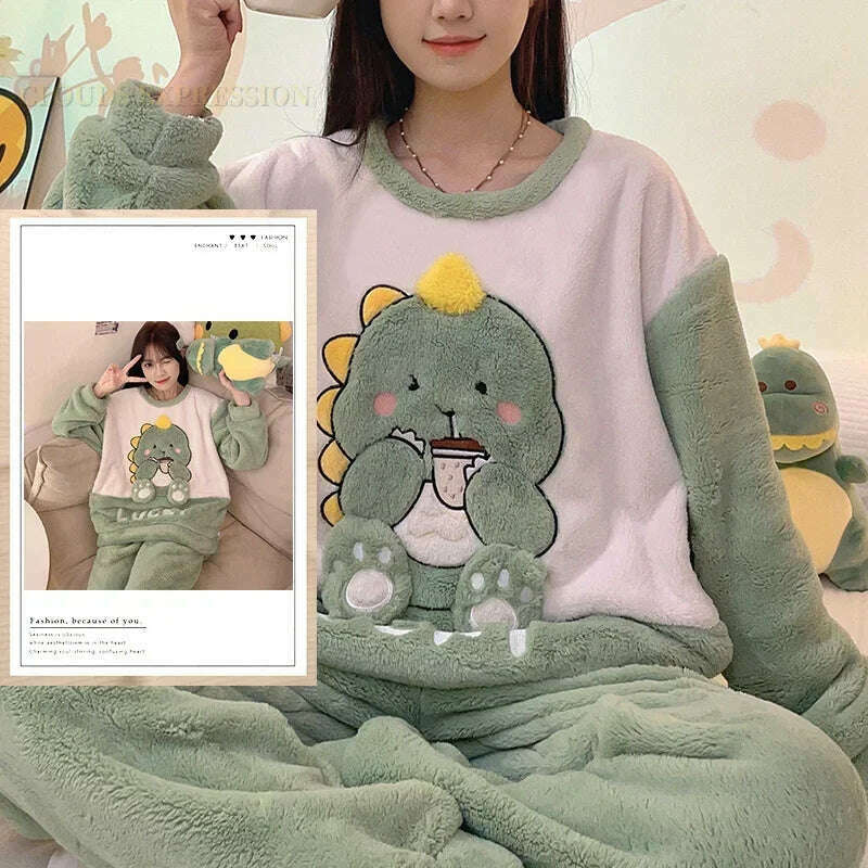 Autumn Winter Kawaii Cartoon Pajama Sets Women Pyjamas Plaid Flannel Loung Sleepwear Girl Pijama Mujer Night Suits Homewear PJ - KIMLUD