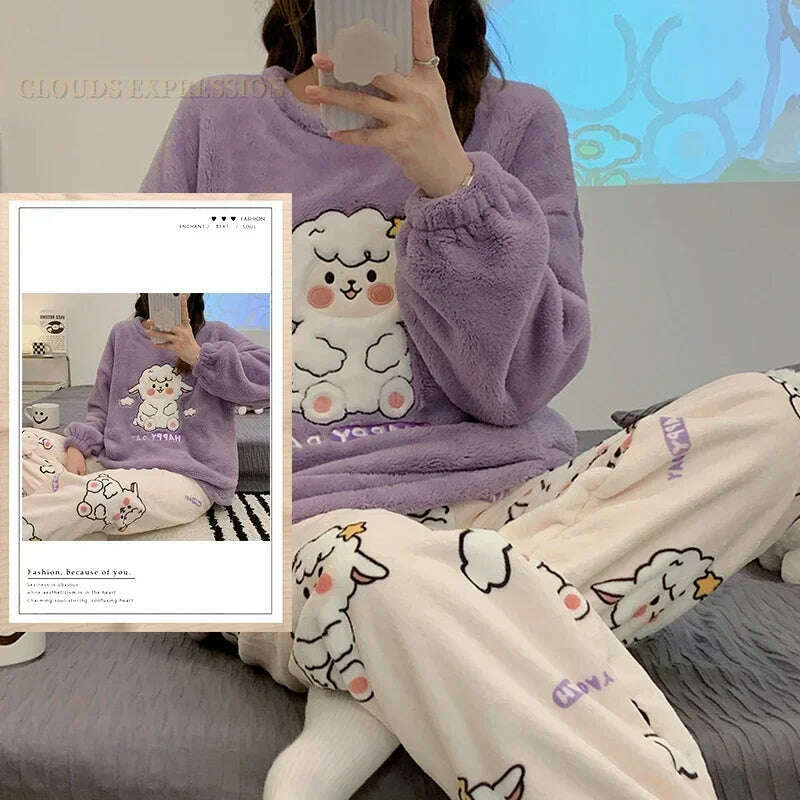 Autumn Winter Kawaii Cartoon Pajama Sets Women Pyjamas Plaid Flannel Loung Sleepwear Girl Pijama Mujer Night Suits Homewear PJ - KIMLUD