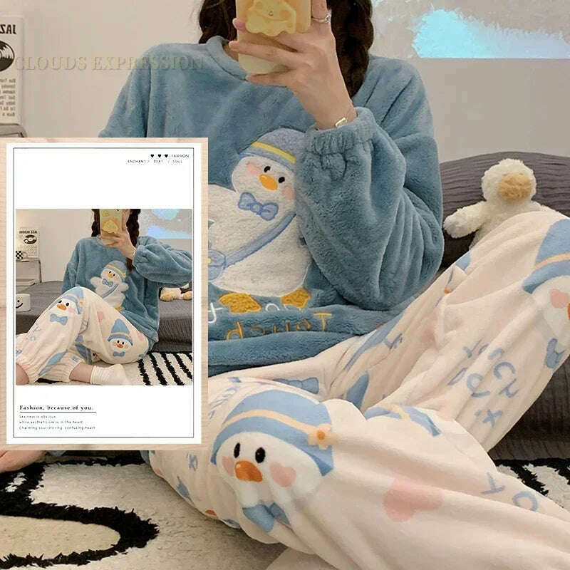 Autumn Winter Kawaii Cartoon Pajama Sets Women Pyjamas Plaid Flannel Loung Sleepwear Girl Pijama Mujer Night Suits Homewear PJ - KIMLUD