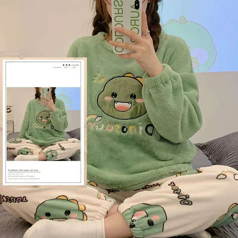 Autumn Winter Kawaii Cartoon Pajama Sets Women Pyjamas Plaid Flannel Loung Sleepwear Girl Pijama Mujer Night Suits Homewear PJ - KIMLUD