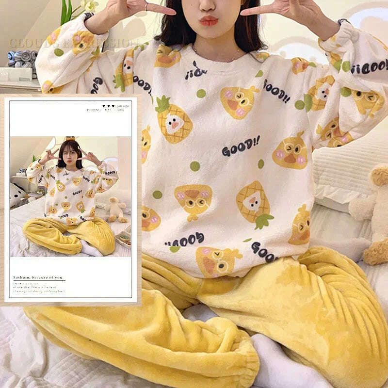 Autumn Winter Kawaii Cartoon Pajama Sets Women Pyjamas Plaid Flannel Loung Sleepwear Girl Pijama Mujer Night Suits Homewear PJ - KIMLUD