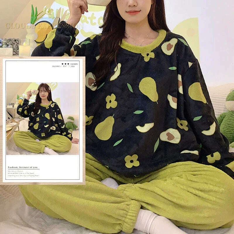 Autumn Winter Kawaii Cartoon Pajama Sets Women Pyjamas Plaid Flannel Loung Sleepwear Girl Pijama Mujer Night Suits Homewear PJ - KIMLUD
