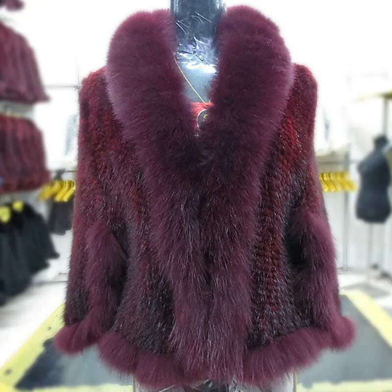 Autumn Winter Ladies' Genuine Knitted Mink Fur Shawls Fox Fur Collar Women Fur Pashmina Wraps Bridal Cape Coat Jacket - KIMLUD