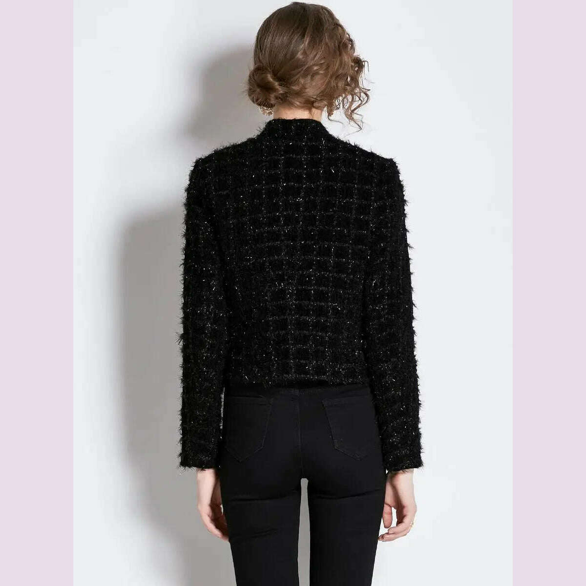 Autumn Winter New Metal Double Breasted Tassel Bright Silk Wool Jacket Coat Women Black Tweed Short Cardigan Slim Outwear Top - KIMLUD
