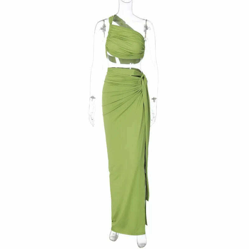 Autumn Winter One Shoulder Bodycon Dress Suits Women Backless Crop Top Split Long Skirt Two Piece Matching Sets Outfits Party - KIMLUD