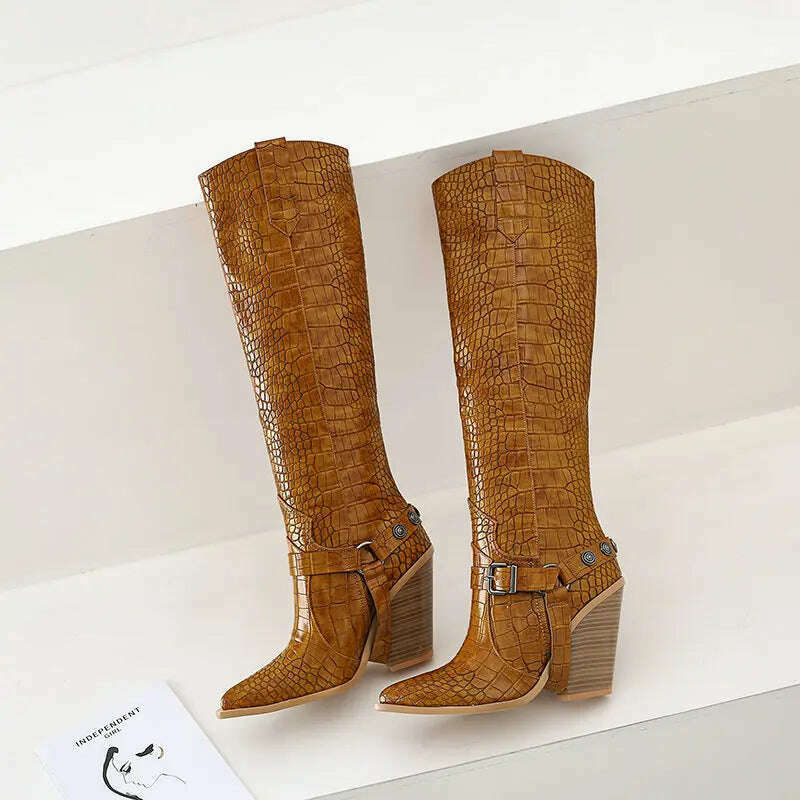 Autumn Women Boots Fashion Buckle Knee High Boots Pu Leather Wedges High Heel Long Boots Pointed Toe Winter Woman Shoes - KIMLUD
