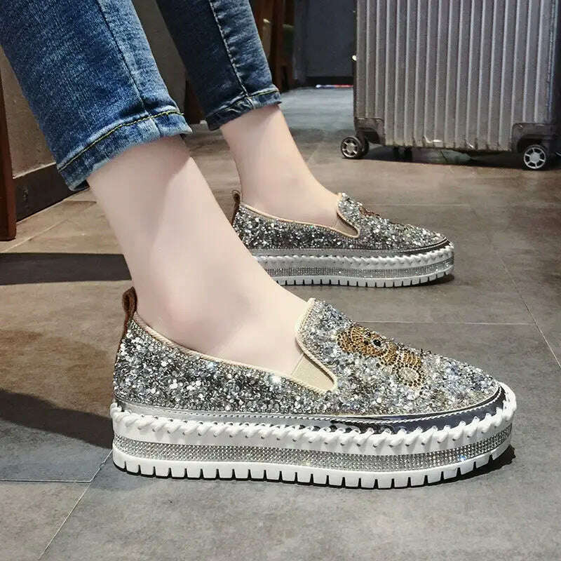 Autumn Women Thick Bottom Sneaker Running Fashion Designer Woman Shoes Trend 2023 Casual Canvas Mirror Luxury Rhinestone Spring - KIMLUD