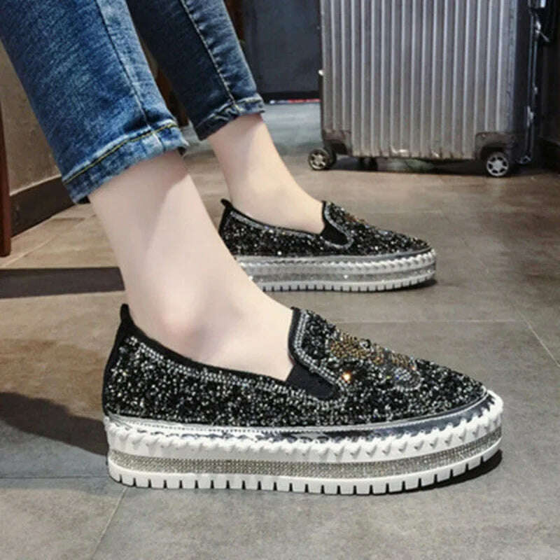 Autumn Women Thick Bottom Sneaker Running Fashion Designer Woman Shoes Trend 2023 Casual Canvas Mirror Luxury Rhinestone Spring - KIMLUD