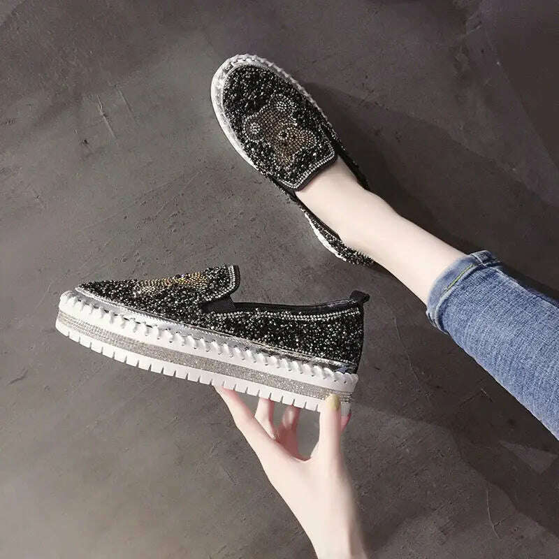 Autumn Women Thick Bottom Sneaker Running Fashion Designer Woman Shoes Trend 2023 Casual Canvas Mirror Luxury Rhinestone Spring - KIMLUD