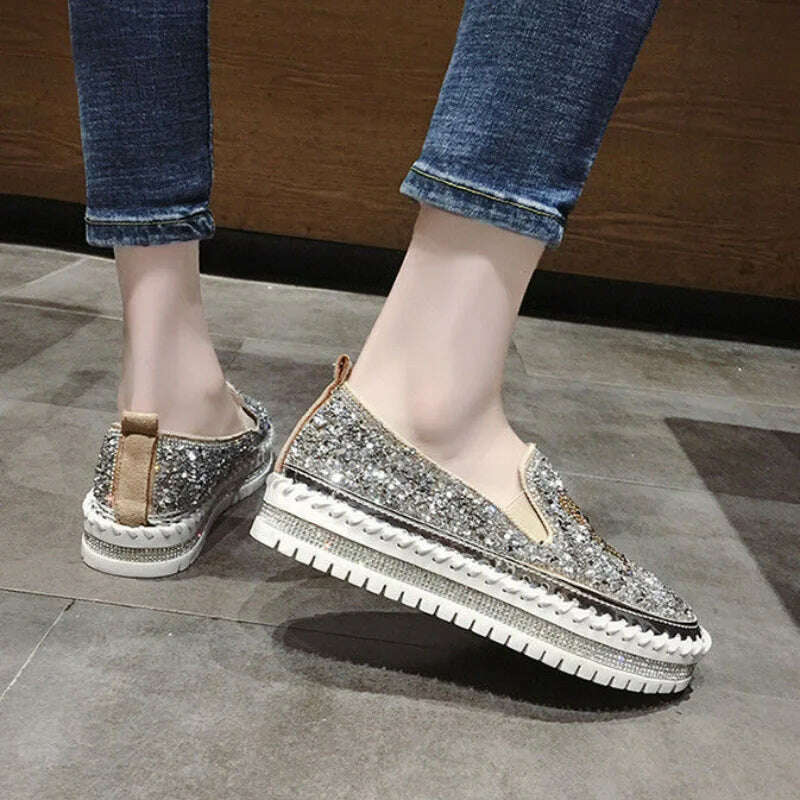 Autumn Women Thick Bottom Sneaker Running Fashion Designer Woman Shoes Trend 2023 Casual Canvas Mirror Luxury Rhinestone Spring - KIMLUD