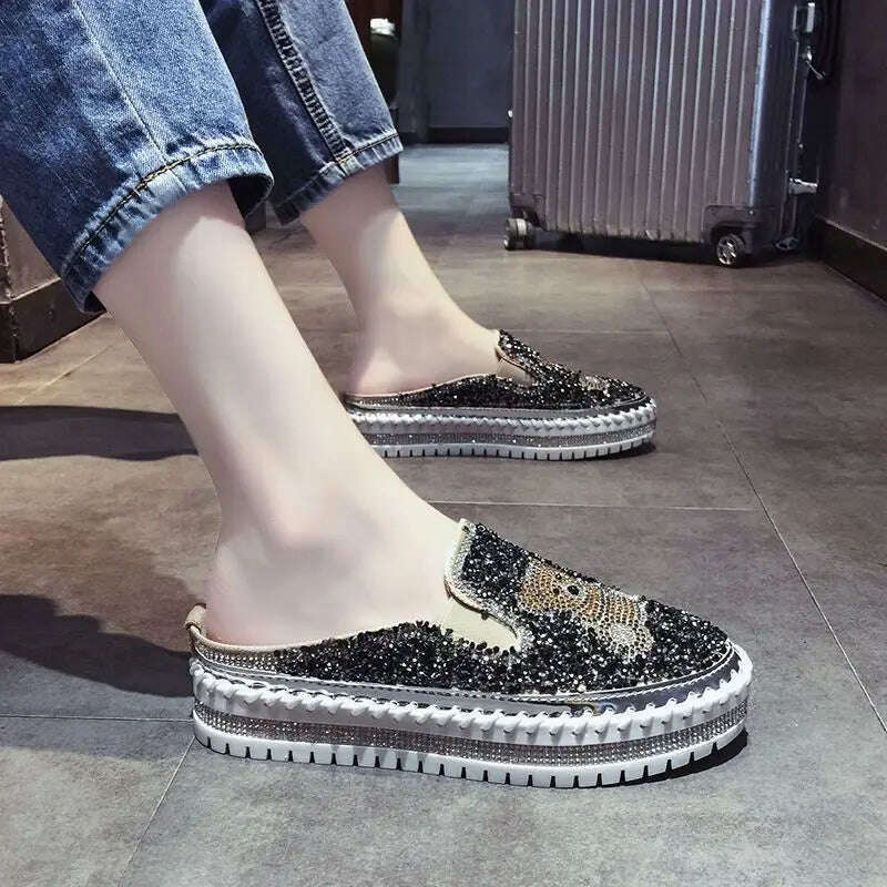 Autumn Women Thick Bottom Sneaker Running Fashion Designer Woman Shoes Trend 2023 Casual Canvas Mirror Luxury Rhinestone Spring - KIMLUD