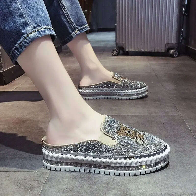 Autumn Women Thick Bottom Sneaker Running Fashion Designer Woman Shoes Trend 2023 Casual Canvas Mirror Luxury Rhinestone Spring - KIMLUD