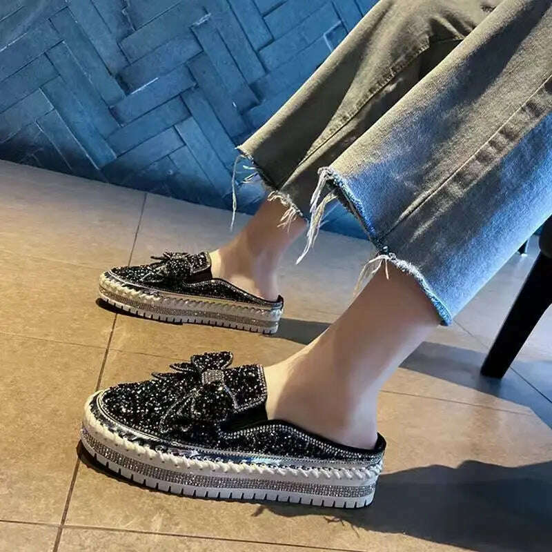 Autumn Women Thick Bottom Sneaker Running Fashion Designer Woman Shoes Trend 2023 Casual Canvas Mirror Luxury Rhinestone Spring - KIMLUD