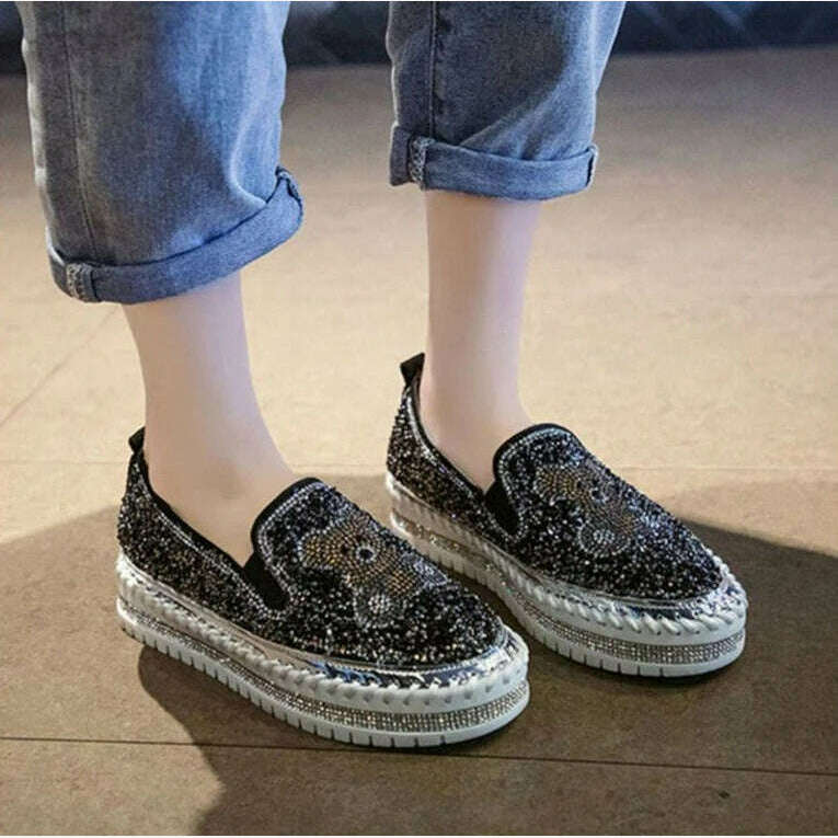 Autumn Women Thick Bottom Sneaker Running Fashion Designer Woman Shoes Trend 2023 Casual Canvas Mirror Luxury Rhinestone Spring - KIMLUD