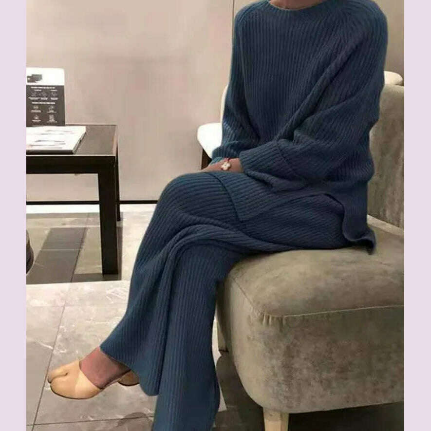KIMLUD, Autumn/winter Fashion Casual O-Neck Pullover Tops Knitted Pant New Homewear Pajama Winter Solid Women Two Piece Set Homewear, blue / XL, KIMLUD APPAREL - Womens Clothes