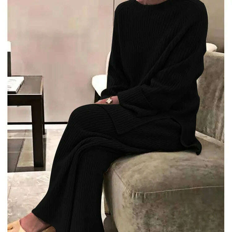 KIMLUD, Autumn/winter Fashion Casual O-Neck Pullover Tops Knitted Pant New Homewear Pajama Winter Solid Women Two Piece Set Homewear, black / M, KIMLUD APPAREL - Womens Clothes